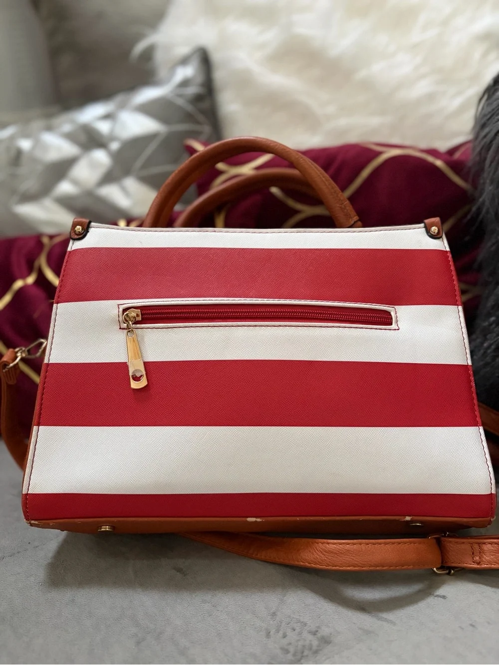 Michael Kors Red & White Striped Crossbody with Tan Trim